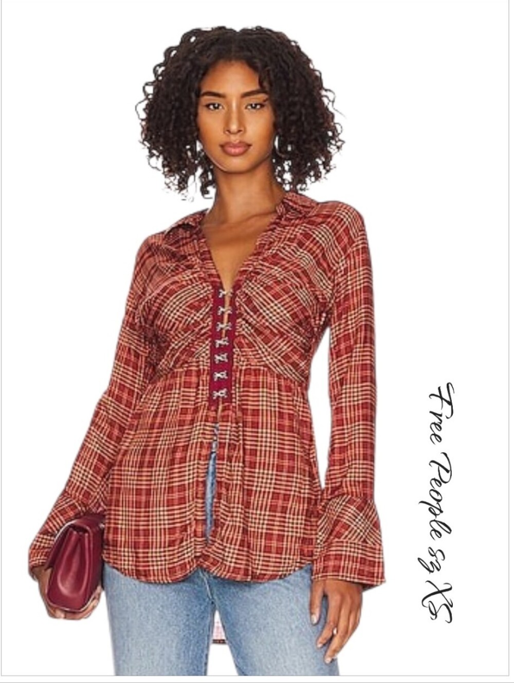 NWT Free People Catalina Remade Plaid Ruched Shirt Top XS